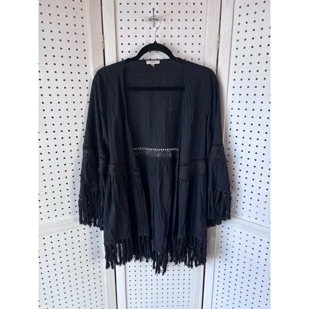 Jodifl Women's M Open Front Cardigan Blouse Fringe Crochet Black Boho Rayon